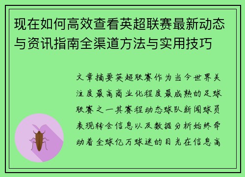现在如何高效查看英超联赛最新动态与资讯指南全渠道方法与实用技巧 现在如何高效查看英超联赛最新动态与资讯指南全渠道方法与实用技巧